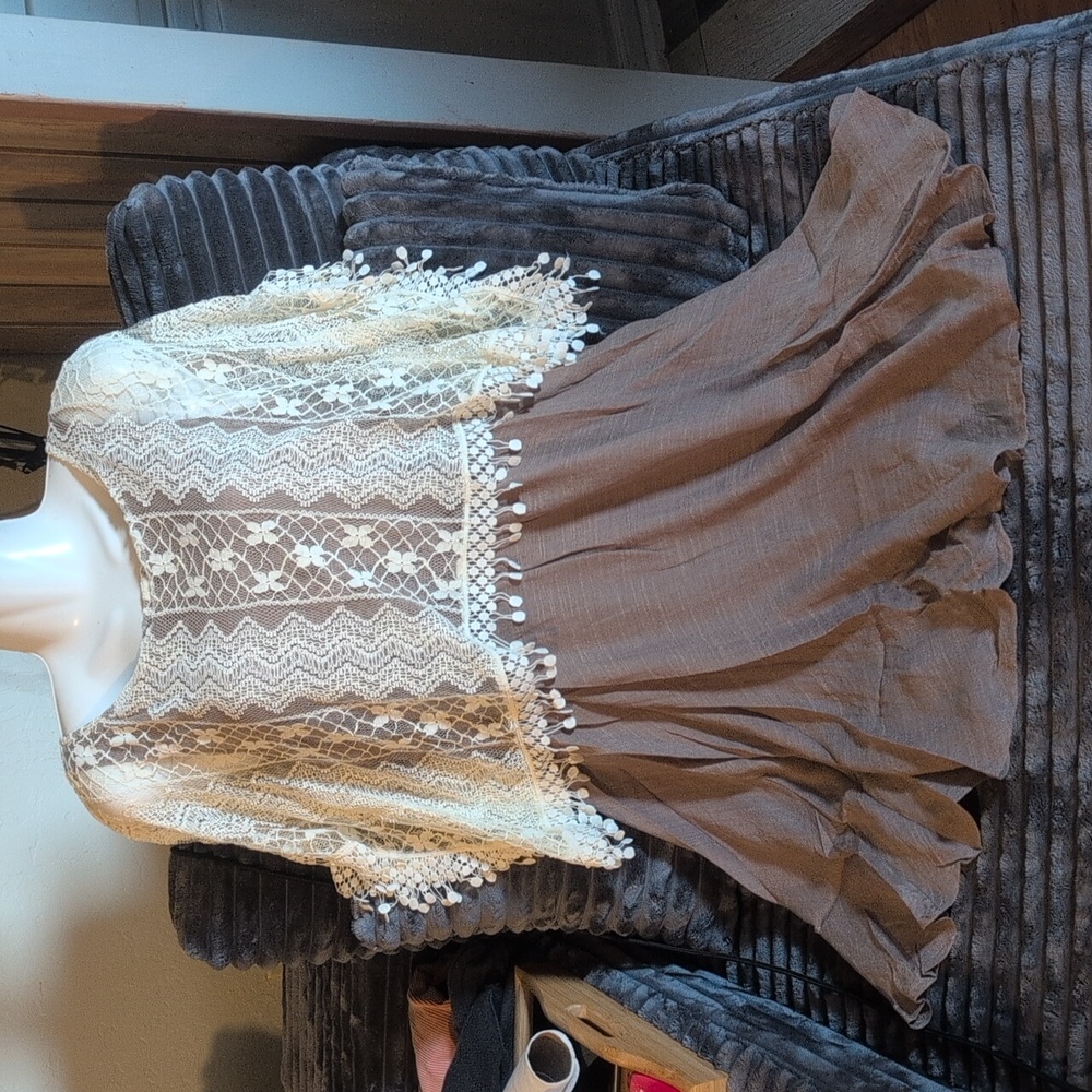 Anthropologie Cream Lace Overlay Taupe Mini Dress